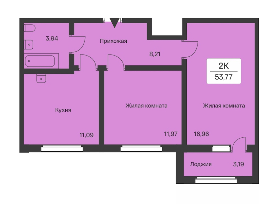 2-комнатная квартира 53.77 м², 9/9 эт., ЖК «Расцветай в Янино»